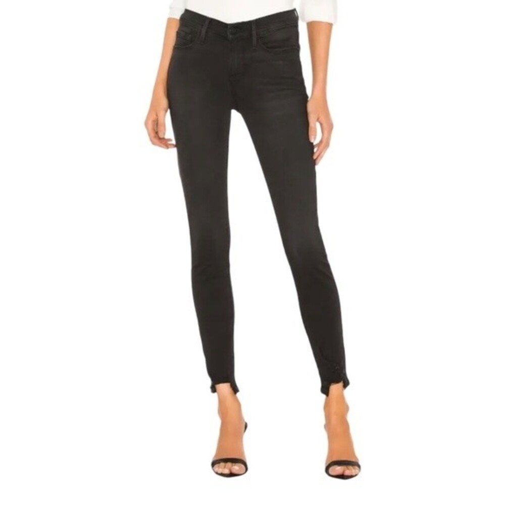 Frame Le Skinny Jean Raw Stagger Hem Sz 27 Black Distressed Revolve Frayed Hem